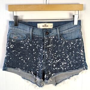 Hollister Shorts Womens 1 Blue Hot Pants Mid-Rise Sequined Cuffed Medium Denim